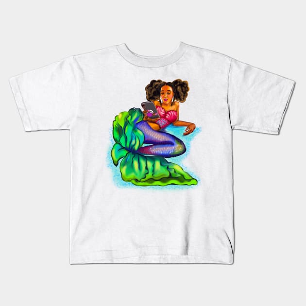 Mermaid Afro Mermaid - Coco the Magical rainbow mermaid and phone - brown eyes, Afro hair in two puffs and caramel brown skin - light background Kids T-Shirt by Artonmytee